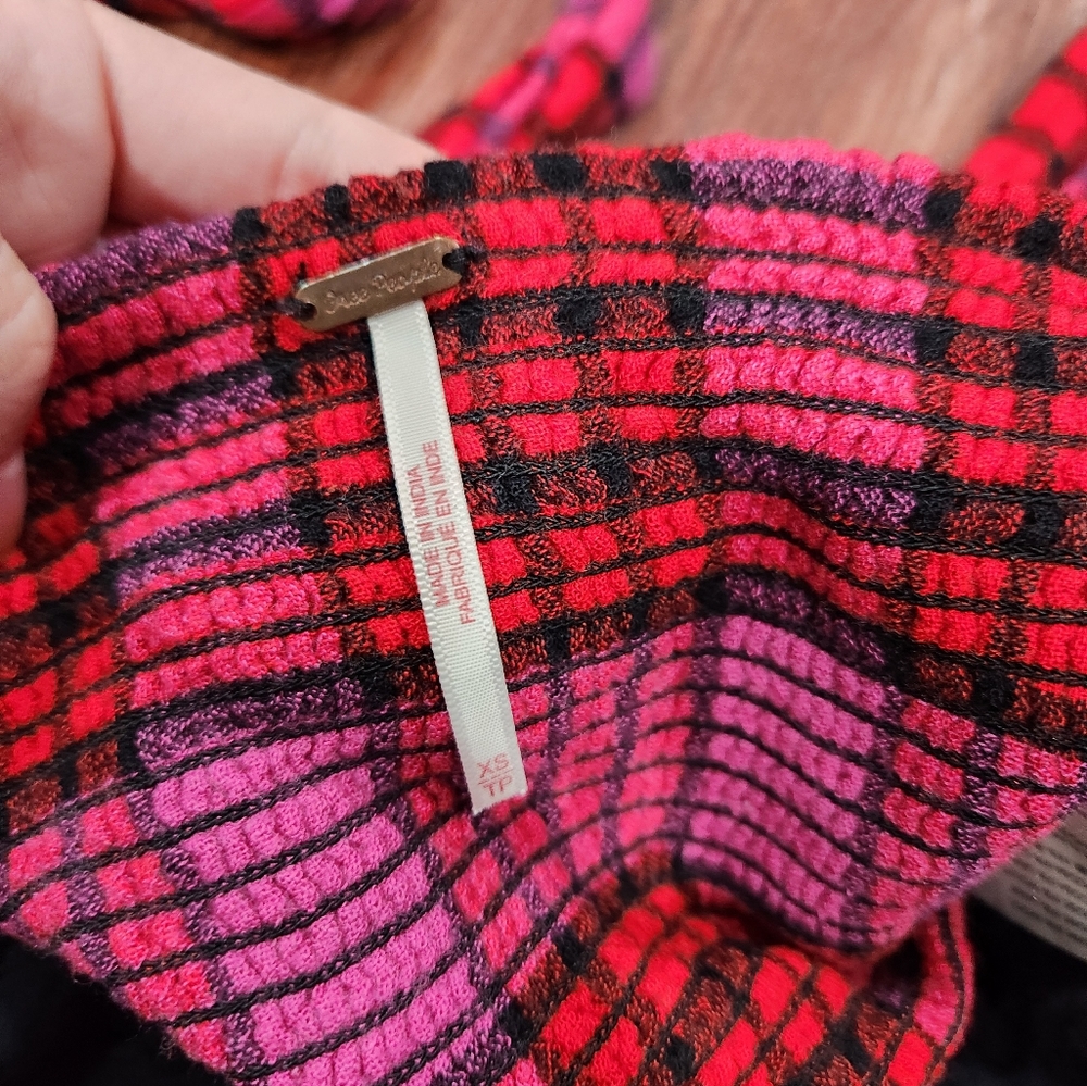 Free People Real Love Plaid Pink and Red Women's Strappy Wrap Top - Picture 5 of 6